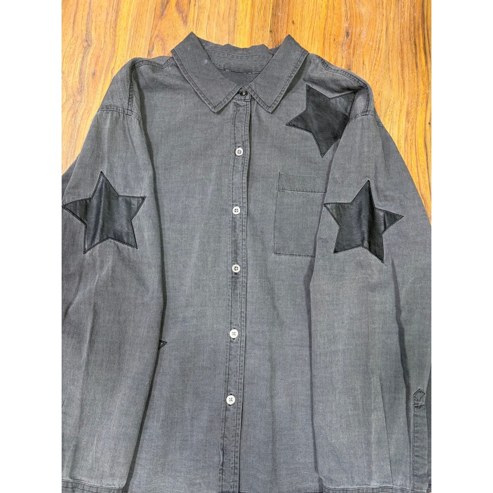 Unbranded Gray Star Patch Button Down Oversized Western Streetwear Shirt Top‎ - Picture 2 of 7